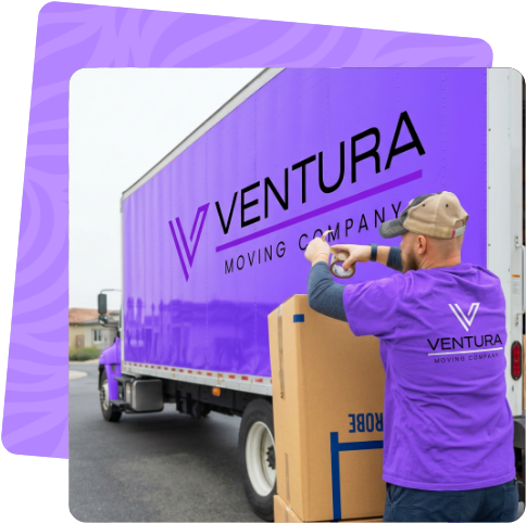 Ventura mover taping a box beside the company moving truck